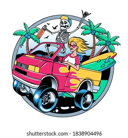 Surfing T-shirt Vector Designs. Surf Van With Crazy Skeleton And Blondie Girl. Vector Illustration.