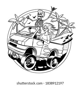 Surfing T-shirt Vector Designs. Surf Van with Crazy Skeleton and Girl. Vector Illustration.