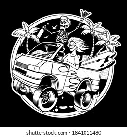 Surfing T-shirt Vector Designs. Surf Van with Crazy Skeleton and Girl. Vector Illustration.