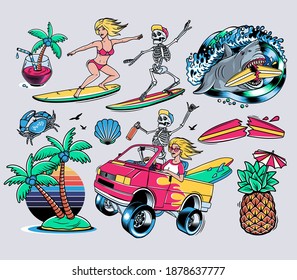 Diseños de vectores de camisetas de surf. Camión de surf con esqueleto loco y chica rubia. Ilustraciones vectoriales.