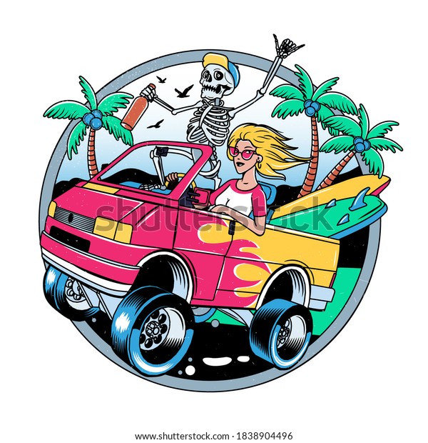 Surfing T-shirt Vector\
Designs. Surf Van with Crazy Skeleton and Blondie Girl. Vector\
Illustration.