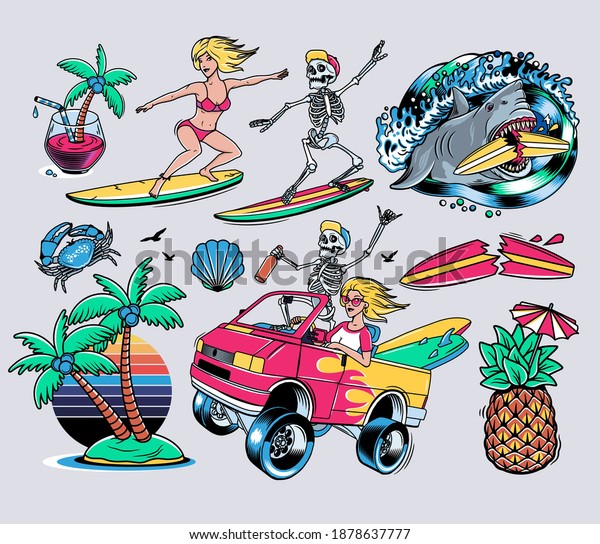 Surfing T-shirt Vector\
Designs. Surf Van with Crazy Skeleton and Blondie Girl. Vector\
Illustrations.