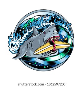 Surfing T-shirt Vector Designs.Angry Shark and Surfing Board. Vector Illustration.