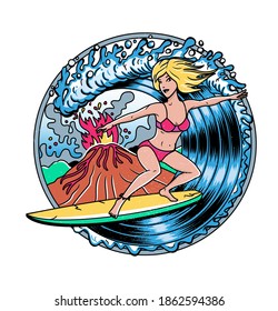 Surfing T-shirt Vector Designs.Volcano and Blonde Surfer Girl. Vector Illustration.