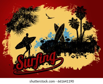 Surfing typographic poster design with surfer silhouette and palms on retro background, vector illustration