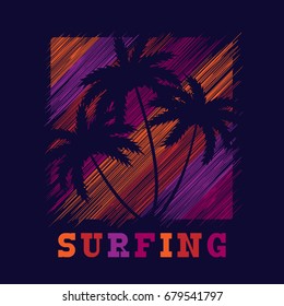 Surfing typography poster. Concept in vintage style for print production. T-shirt fashion Design. Template for postcard, banner, flyer.