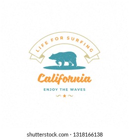 Surfing typography slogan and bear on surf silhouette vector illustration. California, enjoy the wave message.