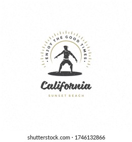 Surfing typography slogan and bear on surf silhouette vector illustration. California, enjoy the good times message.