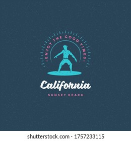 Surfing typography slogan and bear on surf silhouette vector illustration. California, enjoy the good times message.