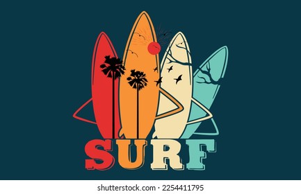 Surfing Typography t-shirt design, Surfing Motivational Typography t-shirt Creative Kids, Typography Theme Vector Illustration. Surfing California Typography Vector illustration and colorful design.