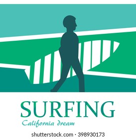 Surfing typography, t-shirt graphics, with  silhouette of surfer holding surf board, vector illustration
