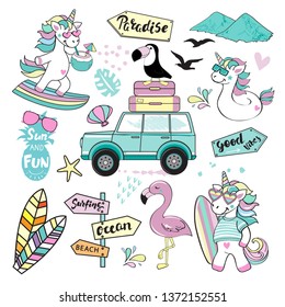 Surfing unicorns and summer items collection on white background