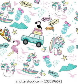 Surfing unicorns and summer items on white background seamless pattern