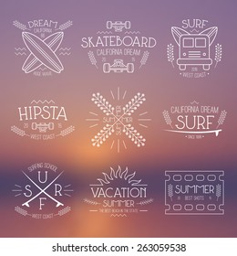 Surfing and vacation emblem in thin line style. Graphic design for t-shirt. White print on a blurred background with the image of the sunset 