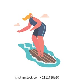 Surfing Vacation Extreme Leisure, Fun. Recreation in Ocean. Young Woman Surfer Character in Swim Wear Riding Big Sea Wave on Board. Summertime Activity, Healthy Lifestyle. Cartoon Vector Illustration