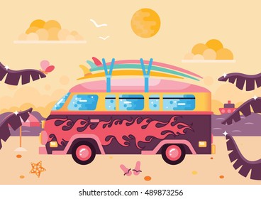 Surfing van flat illustration on the beach. The sand, palm leaves, clouds and sea or ocean. 