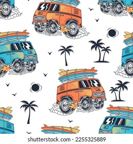 Surfing van monster truck vector seamless pattern.