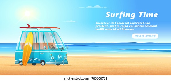 Surfing van on the sandy beach, sea waves and clear sunny day. Surf bus banner design.