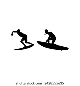 Surfing vector black silhouettes are dynamic representations of surfers in action, ideal for adding an adventurous coastal vibe to graphic design projects and digital artwork.