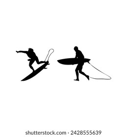 Surfing vector black silhouettes are dynamic representations of surfers in action, ideal for adding an adventurous coastal vibe to graphic design projects and digital artwork.