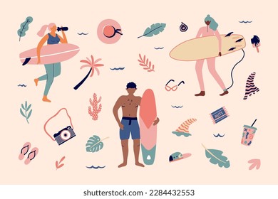 Surfing vector bundle. Women and man with surfboards. Active summer vacation concept with people, surf, cocktail, hat, ice cream, camera, palm tree. Set cartoon illustration. 