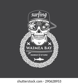 Surfing vector emblem with hawaiian lei, surfboard, shark and skull cap and sunglasses.