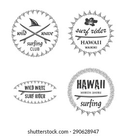 Surfing vector emblem set with hawaiian lei, surfboard, shark teeth.