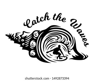 Surfing vector emblems, illustrations, t-shirt design with shell on white background