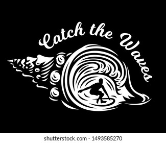 Surfing vector emblems, illustrations, t-shirt design with shell on black background