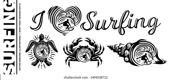 Surfing vector emblems, illustrations, t-shirt design on white background