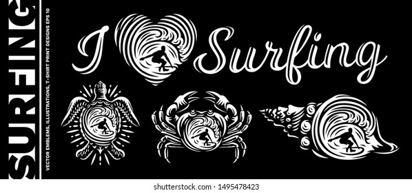Surfing vector emblems, illustrations, t-shirt design on black background
