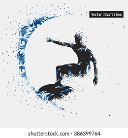 Surfing. Vector eps10 illustration. Particle divergent composition