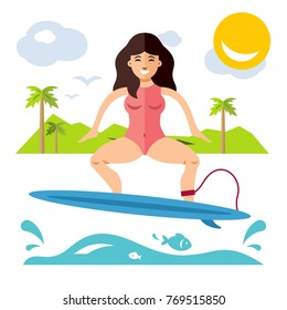 Surfing. Vector Flat style colorful Cartoon illustration.