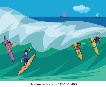 Surfing vector illustration, active people in the beach holiday background
