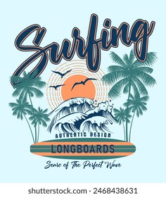 Surfing vector illustration. Beach waves, palm tree, sun, surfboard and seagulls with beach vibes. Printing on t-shirts