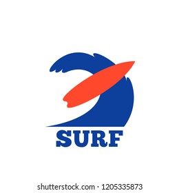 Surfing vector illustration, flat silhouette, wave and surfboard, print, logo, sticker