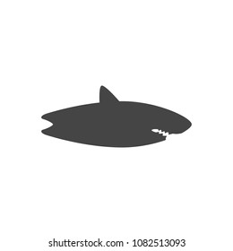 Surfing vector illustration, shark flat silhouette, icon, logo, board for riding, fin, teeth, danger, black, white