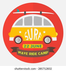 Surfing vector illustration with surf bus and place for your text