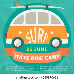Surfing vector illustration with surf bus and place for your text