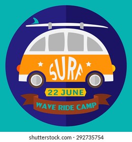 Surfing vector illustration with surf bus and place for your text