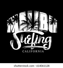 Surfing - vector illustration of a surf in California. Hand-drawn lettering with silhouettes palms trees and grunge strokes. Design for a t-shirt, vintage style.