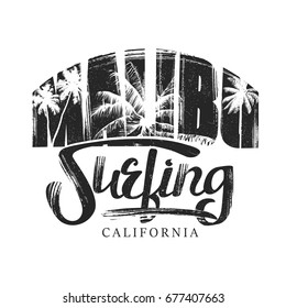 Surfing - vector illustration of a surf in California. Hand-drawn lettering with silhouettes palms trees and grunge strokes. Design for a t-shirt, vintage style.