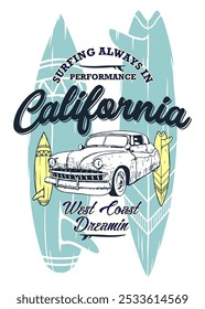 Surfing vector illustration. Surfboard and vintage car with beach vibes. T-shirt printing