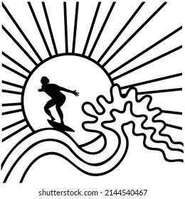 Surfing vector illustration. Surfer man drive big sea waves and sunshine printable vector symbol illustration isolated on white
