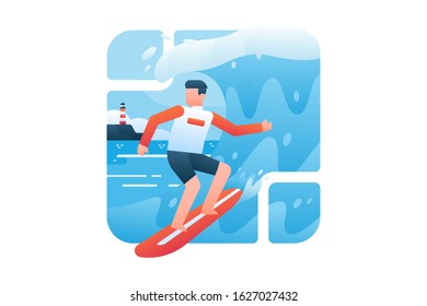 Surfing vector illustration. A surfer is surfing in ocean wave