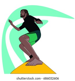 Surfing. Vector illustration of surfer on the white background isolated. Young surf guy with surfboard riding a wave . Shopping on summer sale. Poster or banner for advertising promotions and sales.