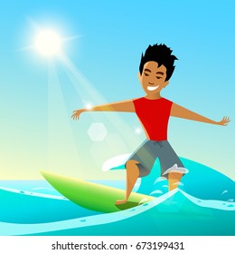 Surfing vector illustration. Young surfer on surfboard. 