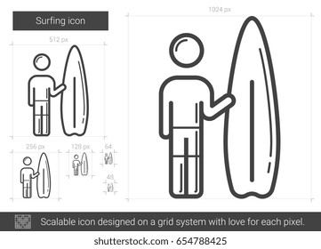 Surfing vector line icon isolated on white background. Surfing line icon for infographic, website or app. Scalable icon designed on a grid system.