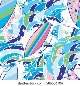Surfing vector pattern. Seamless surf summer pattern. Print for fabric or wallpaper. Seamless vector print. Sea pattern. Sea waves. 