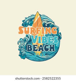 Surfing Vibes Beach Club Summer surf board waves vector graphic print design